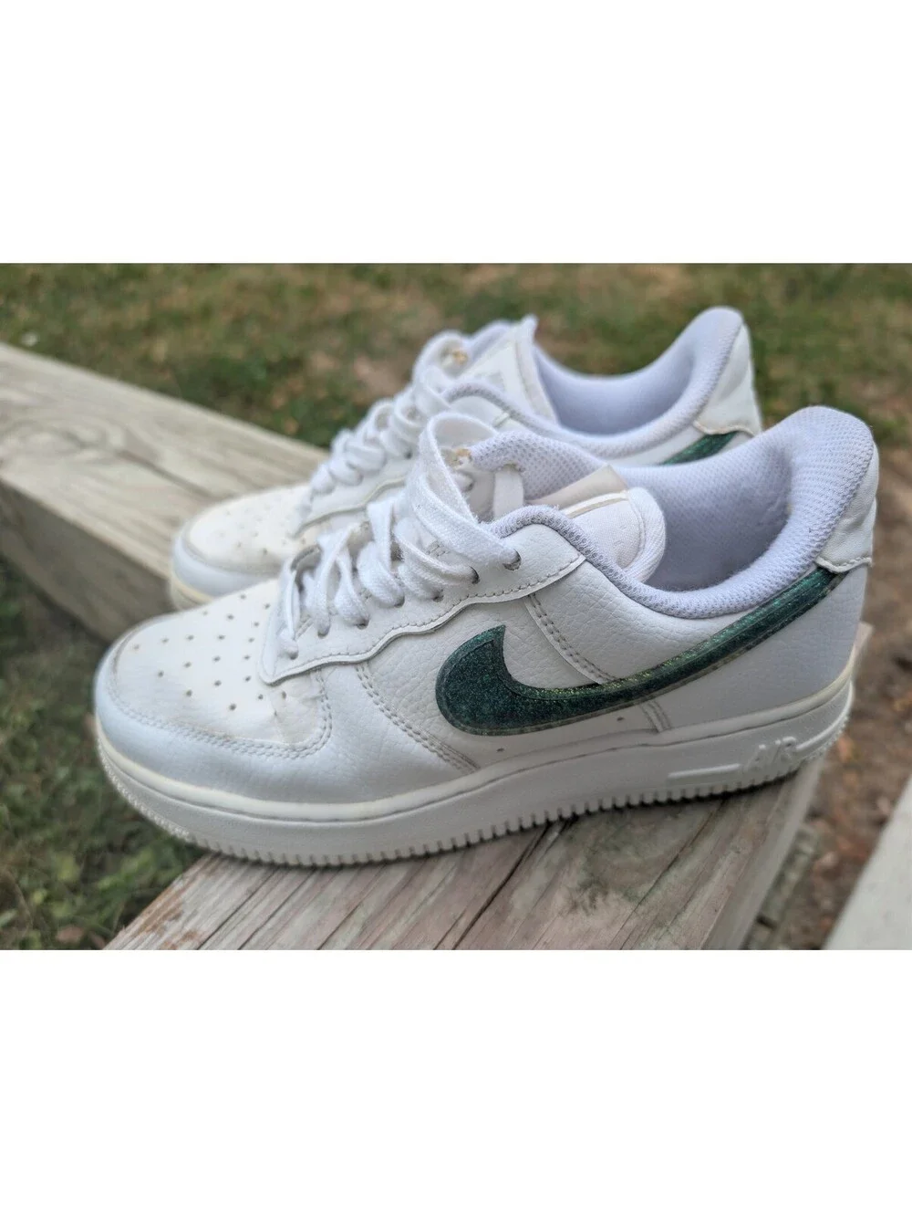 Nike Air Force 1 White Sneakers with Green Swoosh